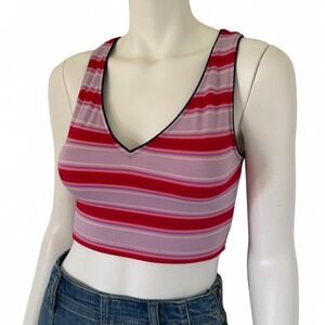 Vintage Y2K  Mossino crop tank 💗 pink & red striped with black trim deep v